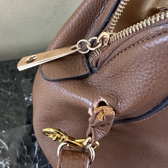 Tory Burch Brown Pebbled Leather Satchel Crossbody Shoulder Bag Gold Logo - Picture 8 of 13